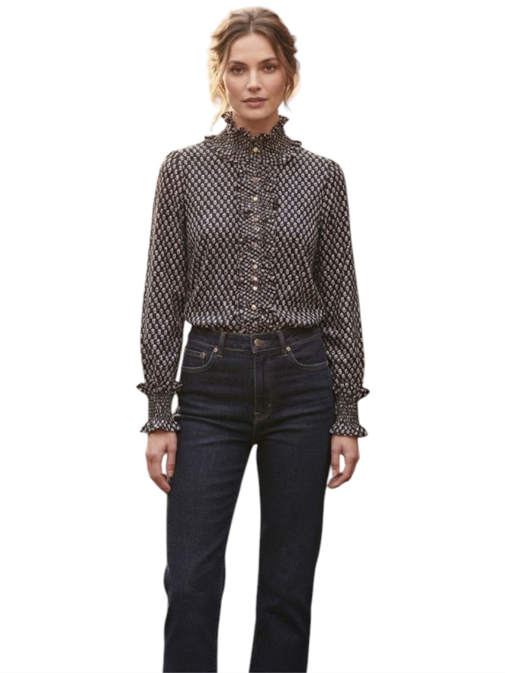 VINTAGE Saks Fifth Avenue Union Made Floral Ruffle Blouse Dark Academia Size 12 - Picture 2 of 14